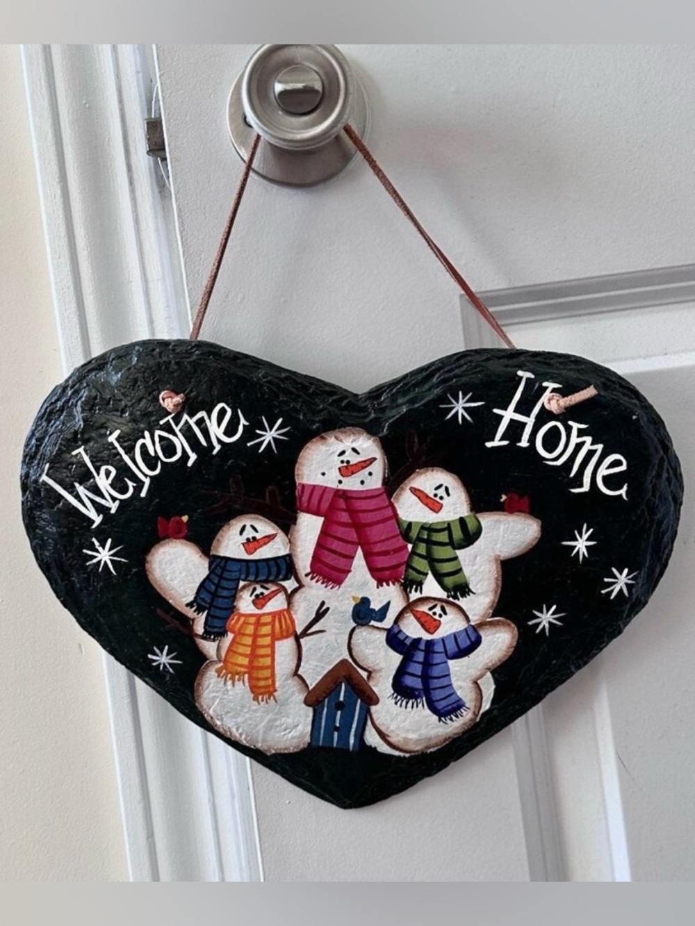 Handmade Painted Snowman Welcome Home Heart Sign Wall Plaque Winter House Decor